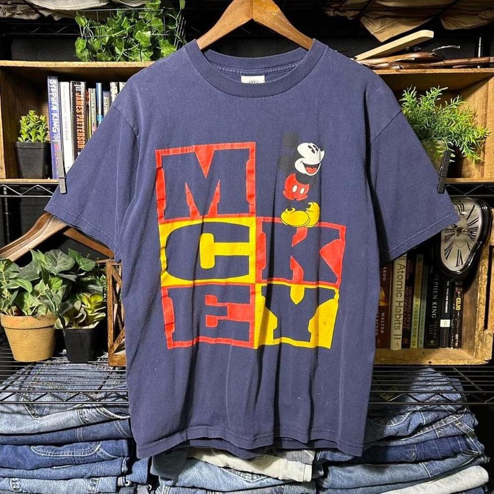 Vintage 90s Disney Mickey Mouse Tee Faded Navy Blue Cartoon Shirt Mens Large